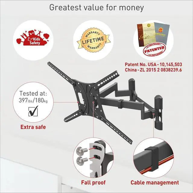 Alt view image 3 of 6 - TV Wall Mount, 13-90 inch Dual Arm Full Motion Articulating - 4 Movement Flat/Curved Screen Bracket, Holds up to 132 lbs, Extra Stable, Fits LED OLED LCD