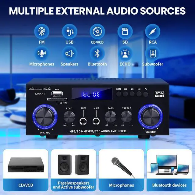 Alt view image 3 of 7 - AMP-10 Bluetooth Audio Amplifiers 2.0CH 50WX2 RMS Stereo Amp Receivers | Mini Power Amplifier for Home Speaker Max.600W Output w/FM Radio, Echo, MIC, USB, SD Input for Home,Car Audio