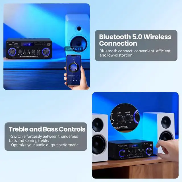 Alt view image 4 of 7 - AMP-10 Bluetooth Audio Amplifiers 2.0CH 50WX2 RMS Stereo Amp Receivers | Mini Power Amplifier for Home Speaker Max.600W Output w/FM Radio, Echo, MIC, USB, SD Input for Home,Car Audio