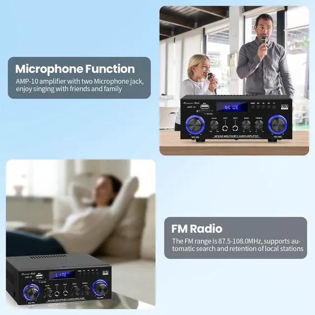 Alt view image 5 of 7 - AMP-10 Bluetooth Audio Amplifiers 2.0CH 50WX2 RMS Stereo Amp Receivers | Mini Power Amplifier for Home Speaker Max.600W Output w/FM Radio, Echo, MIC, USB, SD Input for Home,Car Audio