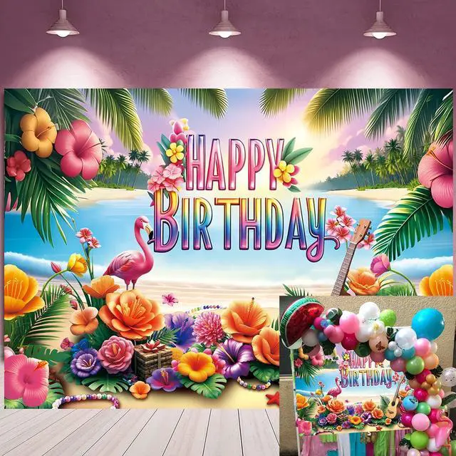 Main image of Summer Happy Birthday Backdrop Tropical Hawaiian Beach Aloha Luau Flamingo Flowers Palm Leaves Banner Background Summer Baby Shower Birthday Party Decorations Photo Booth Props (8x6FT)