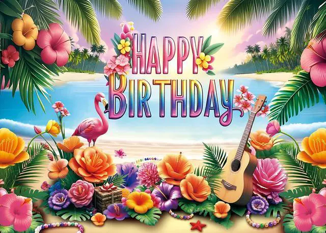 Alt view image 2 of 7 - Summer Happy Birthday Backdrop Tropical Hawaiian Beach Aloha Luau Flamingo Flowers Palm Leaves Banner Background Summer Baby Shower Birthday Party Decorations Photo Booth Props (8x6FT)