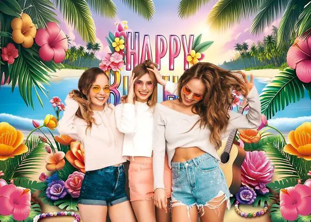 Alt view image 3 of 7 - Summer Happy Birthday Backdrop Tropical Hawaiian Beach Aloha Luau Flamingo Flowers Palm Leaves Banner Background Summer Baby Shower Birthday Party Decorations Photo Booth Props (8x6FT)