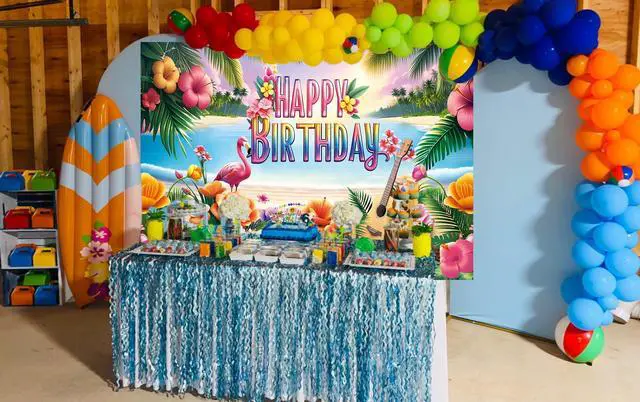 Alt view image 4 of 7 - Summer Happy Birthday Backdrop Tropical Hawaiian Beach Aloha Luau Flamingo Flowers Palm Leaves Banner Background Summer Baby Shower Birthday Party Decorations Photo Booth Props (8x6FT)