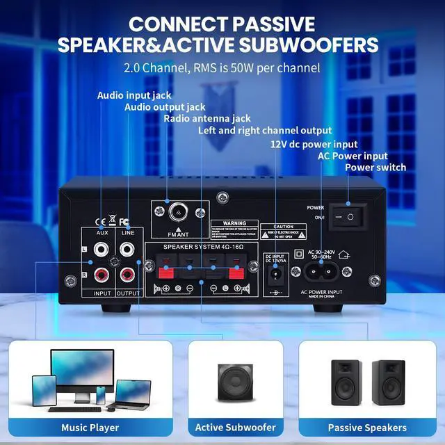 Alt view image 6 of 7 - AMP-10 Bluetooth Audio Amplifiers 2.0CH 50WX2 RMS Stereo Amp Receivers | Mini Power Amplifier for Home Speaker Max.600W Output w/FM Radio, Echo, MIC, USB, SD Input for Home,Car Audio