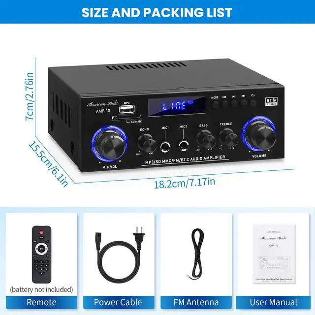 Alt view image 7 of 7 - AMP-10 Bluetooth Audio Amplifiers 2.0CH 50WX2 RMS Stereo Amp Receivers | Mini Power Amplifier for Home Speaker Max.600W Output w/FM Radio, Echo, MIC, USB, SD Input for Home,Car Audio