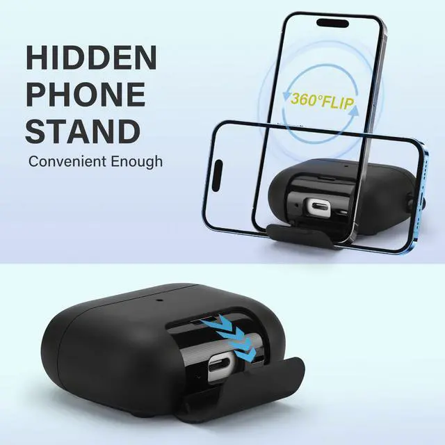 Alt view image 4 of 6 - Magnetic Lock Lid Case Compatible with AirPods Pro 3 | Built-in Phone Stand, MagSafe Ready, Shockproof Protective Cover with Lanyard