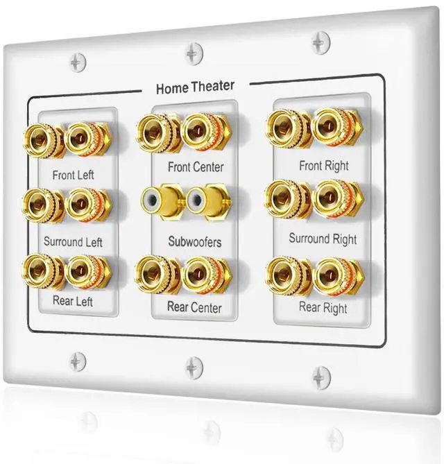Main image of Speaker Wall Plate 16 Banana Post and 2 RCA | 5 6 7.1/7.2 or 8.1/8.2 Compatible, One or Two Subwoofer Compatible, Home Theater Audio