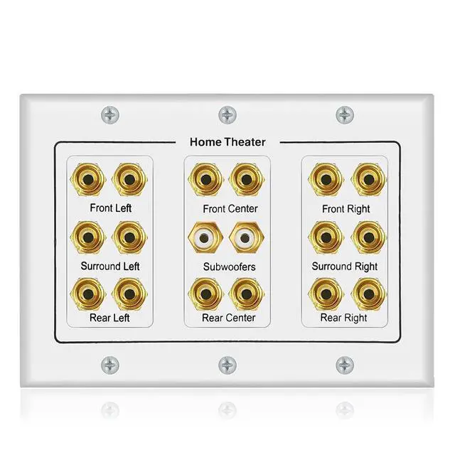 Alt view image 2 of 7 - Speaker Wall Plate 16 Banana Post and 2 RCA | 5 6 7.1/7.2 or 8.1/8.2 Compatible, One or Two Subwoofer Compatible, Home Theater Audio