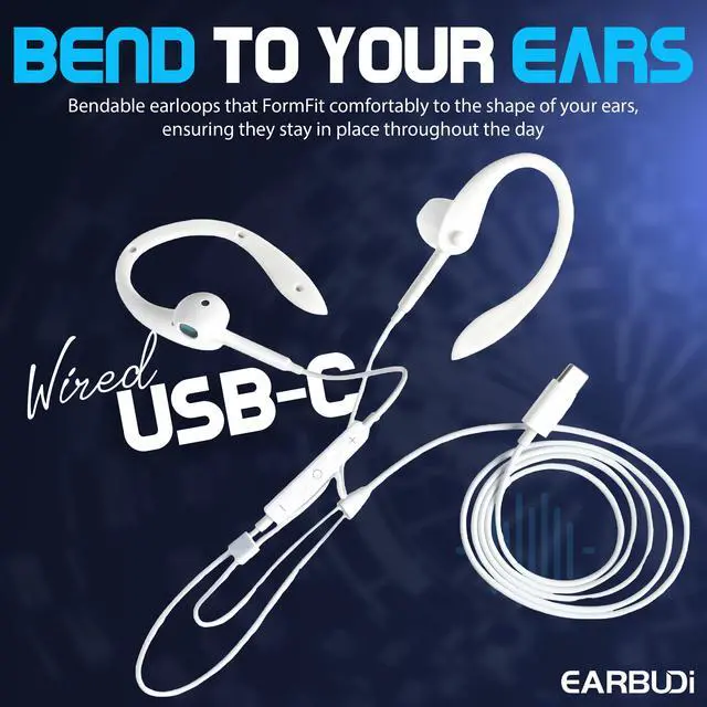 Alt view image 2 of 6 - USB-C Wired Earbuds with Bendable Custom Earloops Comfortable Fit, Sound, Compatible with Latest USB-C Phones