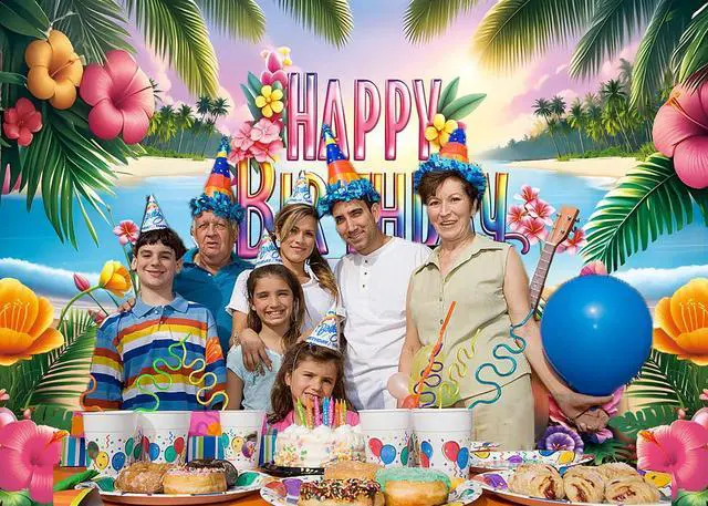 Alt view image 5 of 7 - Summer Happy Birthday Backdrop Tropical Hawaiian Beach Aloha Luau Flamingo Flowers Palm Leaves Banner Background Summer Baby Shower Birthday Party Decorations Photo Booth Props (8x6FT)