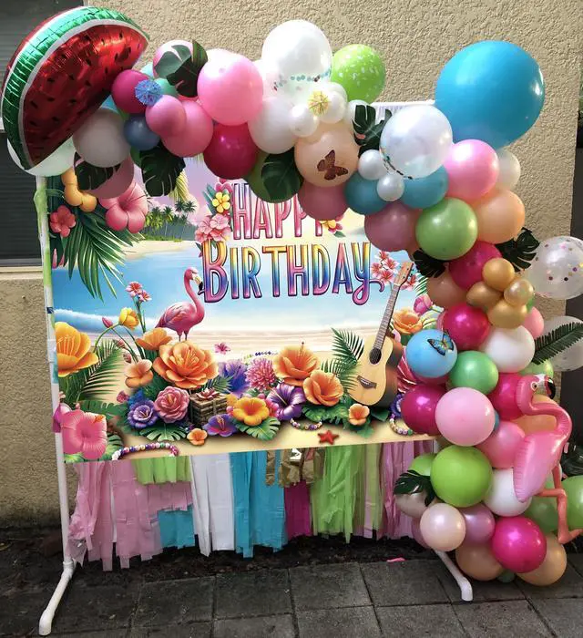 Alt view image 6 of 7 - Summer Happy Birthday Backdrop Tropical Hawaiian Beach Aloha Luau Flamingo Flowers Palm Leaves Banner Background Summer Baby Shower Birthday Party Decorations Photo Booth Props (8x6FT)