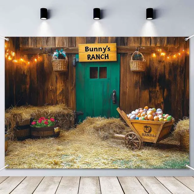 Alt view image 2 of 7 - 8x6ft Spring Easter Backdrop Banner Rustic Vintage Wooden House Barn Easter Party Decorations Easter Bunny's Ranch Theme Photography Background Fabric Photo Booth Supplies