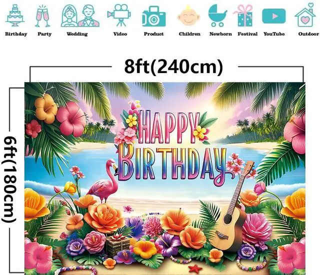 Alt view image 7 of 7 - Summer Happy Birthday Backdrop Tropical Hawaiian Beach Aloha Luau Flamingo Flowers Palm Leaves Banner Background Summer Baby Shower Birthday Party Decorations Photo Booth Props (8x6FT)
