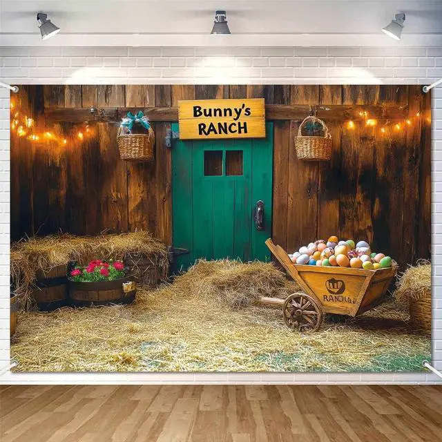 Main image of 8x6ft Spring Easter Backdrop Banner Rustic Vintage Wooden House Barn Easter Party Decorations Easter Bunny's Ranch Theme Photography Background Fabric Photo Booth Supplies
