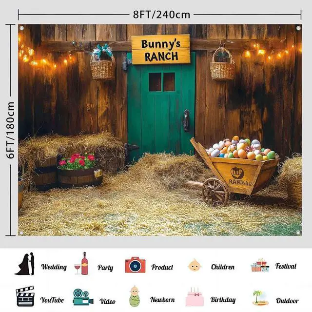 Alt view image 3 of 7 - 8x6ft Spring Easter Backdrop Banner Rustic Vintage Wooden House Barn Easter Party Decorations Easter Bunny's Ranch Theme Photography Background Fabric Photo Booth Supplies