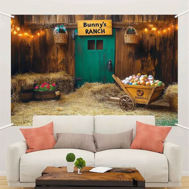 Alt view image 4 of 7 - 8x6ft Spring Easter Backdrop Banner Rustic Vintage Wooden House Barn Easter Party Decorations Easter Bunny's Ranch Theme Photography Background Fabric Photo Booth Supplies