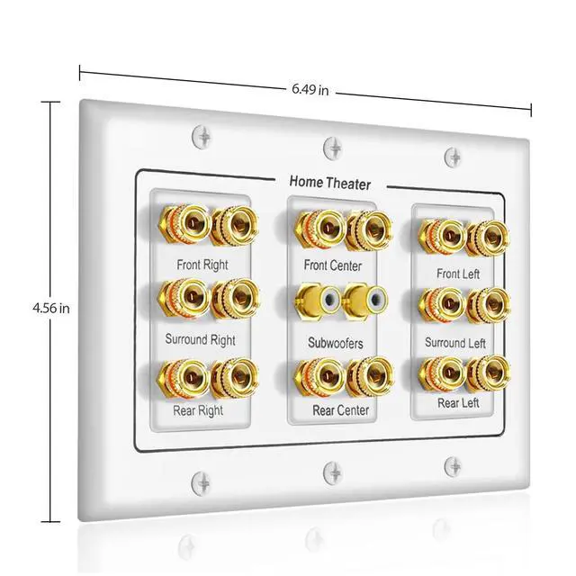 Alt view image 7 of 7 - Speaker Wall Plate 16 Banana Post and 2 RCA | 5 6 7.1/7.2 or 8.1/8.2 Compatible, One or Two Subwoofer Compatible, Home Theater Audio