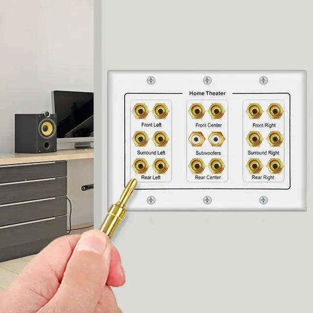 Alt view image 6 of 7 - Speaker Wall Plate 16 Banana Post and 2 RCA | 5 6 7.1/7.2 or 8.1/8.2 Compatible, One or Two Subwoofer Compatible, Home Theater Audio
