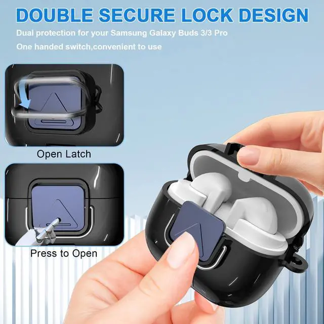 Alt view image 4 of 7 - for Samsung Galaxy Buds 3/3 Pro Protective Case with Secure Lock Clip,Phone Stand Design Full Protection Shockproof TPU Case with Carabiner&Clean Kit (Black)