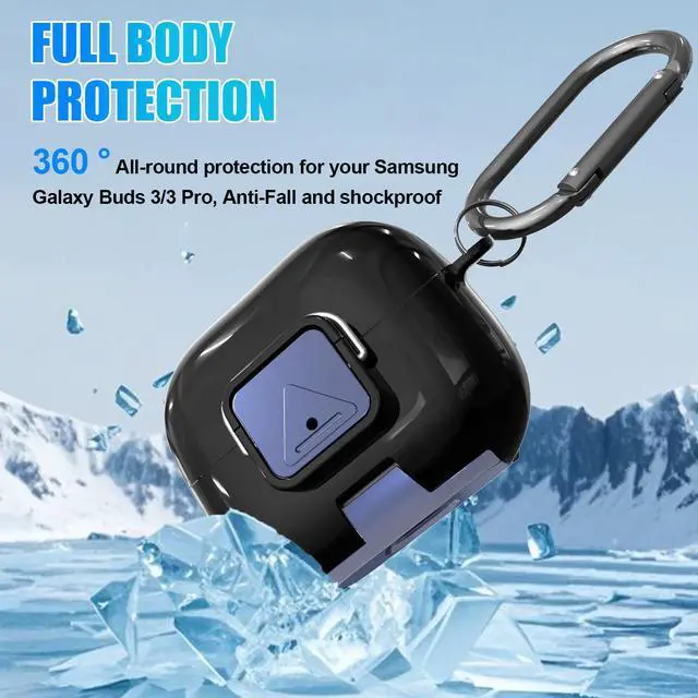 Alt view image 5 of 7 - for Samsung Galaxy Buds 3/3 Pro Protective Case with Secure Lock Clip,Phone Stand Design Full Protection Shockproof TPU Case with Carabiner&Clean Kit (Black)