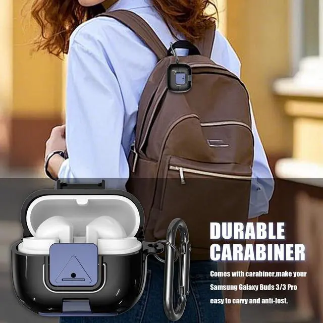 Alt view image 6 of 7 - for Samsung Galaxy Buds 3/3 Pro Protective Case with Secure Lock Clip,Phone Stand Design Full Protection Shockproof TPU Case with Carabiner&Clean Kit (Black)