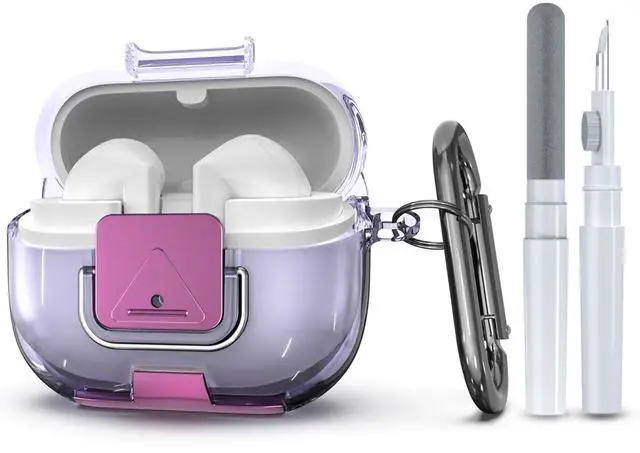 Main image of for Samsung Galaxy Buds 3/3 FE (2025)/3 Pro Protective Case with Secure Lock Clip,Phone Stand Design Full Protection Shockproof TPU Case with Carabiner&Clean Kit (Clear Purple)