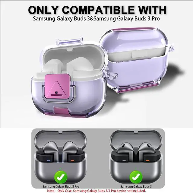 Alt view image 2 of 7 - for Samsung Galaxy Buds 3/3 FE (2025)/3 Pro Protective Case with Secure Lock Clip,Phone Stand Design Full Protection Shockproof TPU Case with Carabiner&Clean Kit (Clear Purple)