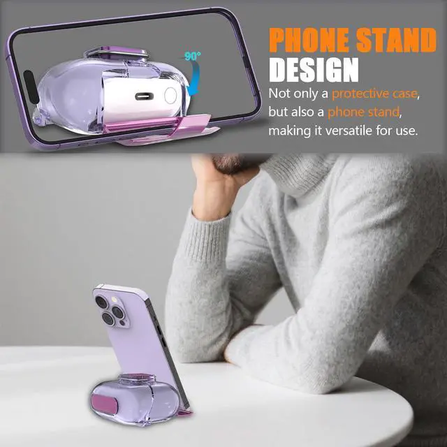 Alt view image 3 of 7 - for Samsung Galaxy Buds 3/3 FE (2025)/3 Pro Protective Case with Secure Lock Clip,Phone Stand Design Full Protection Shockproof TPU Case with Carabiner&Clean Kit (Clear Purple)