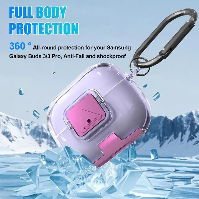 Alt view image 5 of 7 - for Samsung Galaxy Buds 3/3 FE (2025)/3 Pro Protective Case with Secure Lock Clip,Phone Stand Design Full Protection Shockproof TPU Case with Carabiner&Clean Kit (Clear Purple)