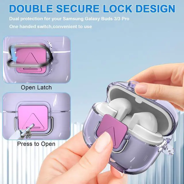 Alt view image 4 of 7 - for Samsung Galaxy Buds 3/3 FE (2025)/3 Pro Protective Case with Secure Lock Clip,Phone Stand Design Full Protection Shockproof TPU Case with Carabiner&Clean Kit (Clear Purple)