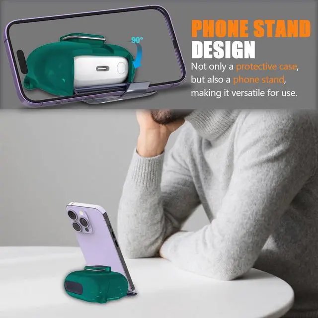 Alt view image 3 of 7 - for Samsung Galaxy Buds 3/3 FE (2025)/3 Pro Protective Case with Secure Lock Clip,Phone Stand Design Full Protection Shockproof TPU Case with Carabiner&Clean Kit (Pine Green)