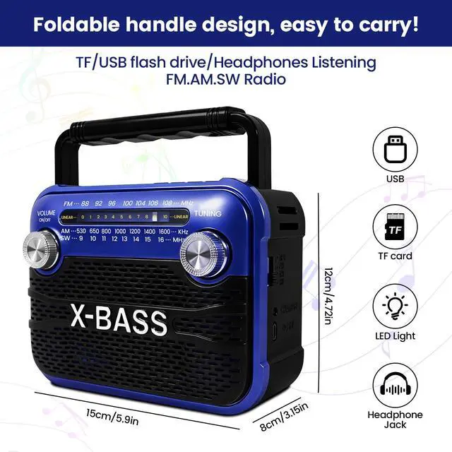 Alt view image 2 of 6 - Portable AM FM SW Radio with Bluetooth 5.0, Emergency Flashlight, USB Rechargeable Digital Tuner, Battery Operated Shortwave Radio for Camping Outdoor Home