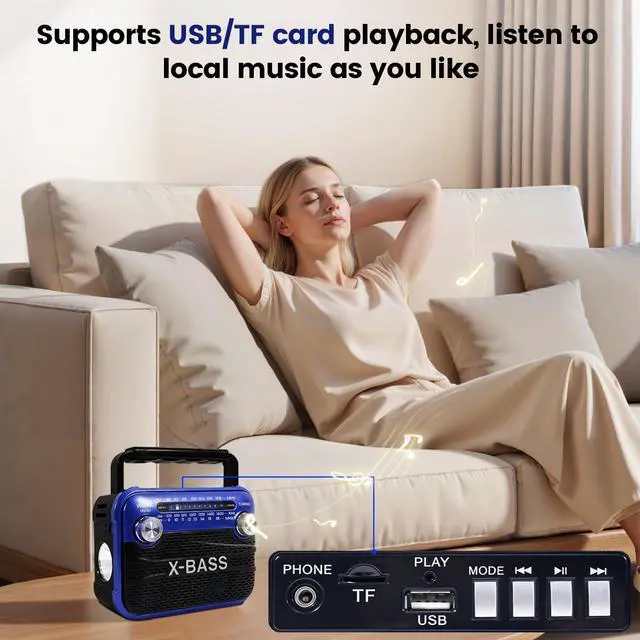 Alt view image 5 of 6 - Portable AM FM SW Radio with Bluetooth 5.0, Emergency Flashlight, USB Rechargeable Digital Tuner, Battery Operated Shortwave Radio for Camping Outdoor Home