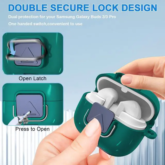 Alt view image 4 of 7 - for Samsung Galaxy Buds 3/3 FE (2025)/3 Pro Protective Case with Secure Lock Clip,Phone Stand Design Full Protection Shockproof TPU Case with Carabiner&Clean Kit (Pine Green)