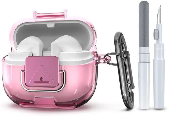 Main image of for Samsung Galaxy Buds 3/3 FE (2025)/3 Pro Protective Case with Secure Lock Clip,Phone Stand Design Full Protection Shockproof TPU Case with Carabiner&Clean Kit (Clear Pink)