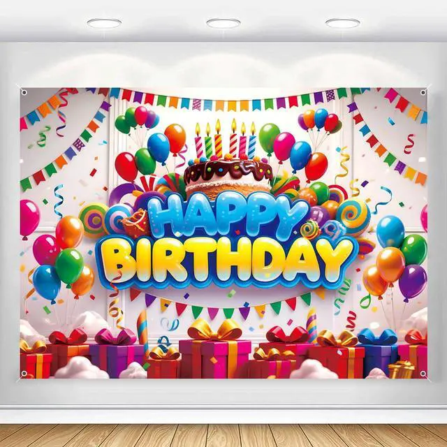 Main image of Happy Birthday Backdrop Banner for Boys Girls Colorful Balloon Kids Party Decorations Background Wall Poster Supplies Fabric Outdoor Decor 7x5ft