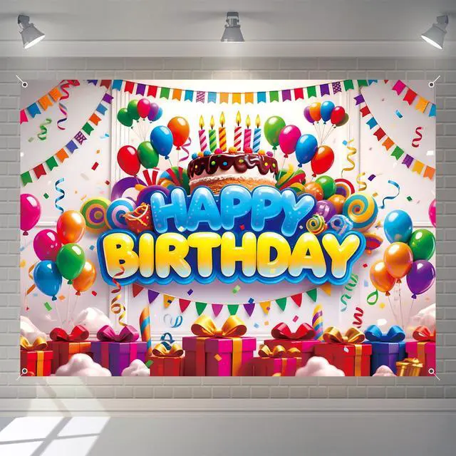Alt view image 3 of 7 - Happy Birthday Backdrop Banner for Boys Girls Colorful Balloon Kids Party Decorations Background Wall Poster Supplies Fabric Outdoor Decor 7x5ft