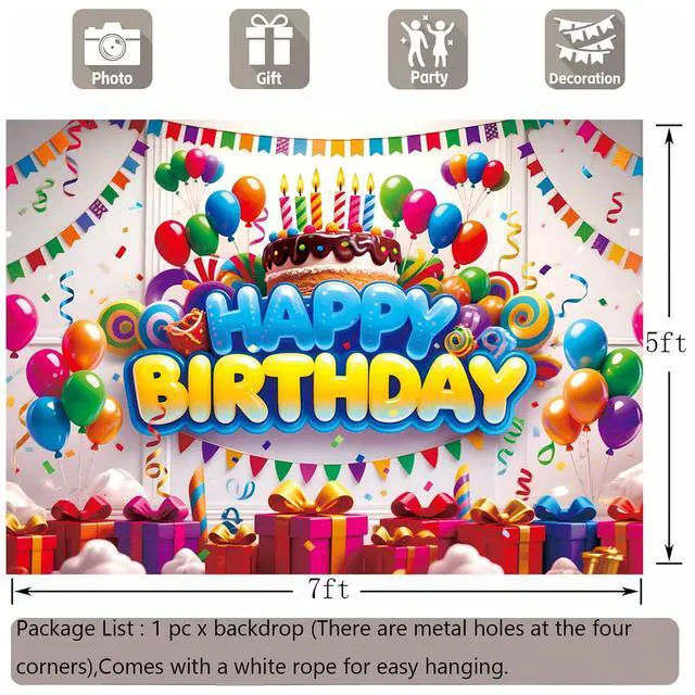 Alt view image 4 of 7 - Happy Birthday Backdrop Banner for Boys Girls Colorful Balloon Kids Party Decorations Background Wall Poster Supplies Fabric Outdoor Decor 7x5ft