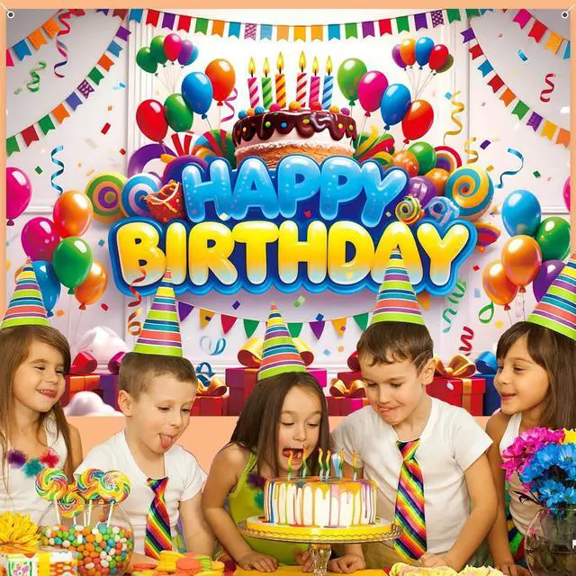 Alt view image 5 of 7 - Happy Birthday Backdrop Banner for Boys Girls Colorful Balloon Kids Party Decorations Background Wall Poster Supplies Fabric Outdoor Decor 7x5ft
