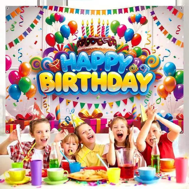 Alt view image 6 of 7 - Happy Birthday Backdrop Banner for Boys Girls Colorful Balloon Kids Party Decorations Background Wall Poster Supplies Fabric Outdoor Decor 7x5ft