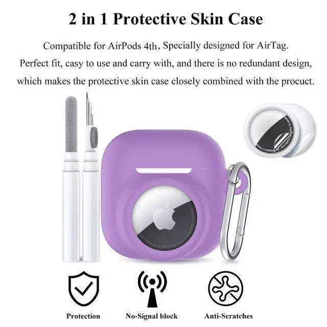 Alt view image 4 of 6 - 2 in 1 Silicone Case Compatible with AirPod 4 and Air Tracker Tag,Anti-Scratch Anti-Lost Protective Skin Cover for AirPods 4th Generation with 2 PCS TPU Screen Protector&Lanyard (Purple)