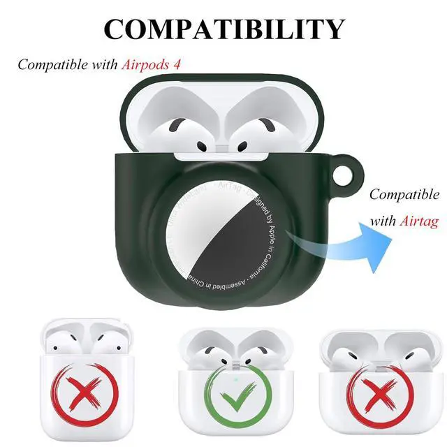 Alt view image 3 of 6 - 2 in 1 Silicone Case Compatible with AirPod 4 and Air Tracker Tag,Anti-Scratch Anti-Lost Protective Skin Cover for AirPods 4th Generation with 2 PCS TPU Screen Protector&Lanyard(Dark Green)