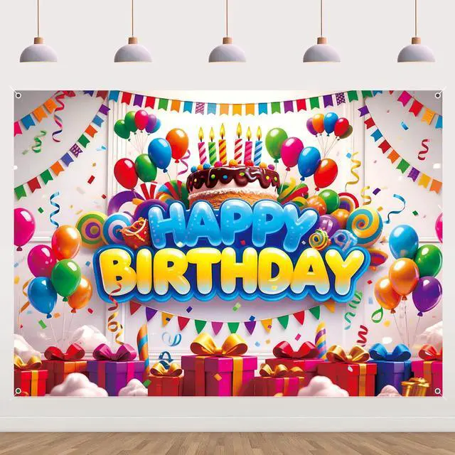 Alt view image 2 of 7 - Happy Birthday Backdrop Banner for Boys Girls Colorful Balloon Kids Party Decorations Background Wall Poster Supplies Fabric Outdoor Decor 7x5ft