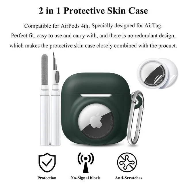 Alt view image 4 of 6 - 2 in 1 Silicone Case Compatible with AirPod 4 and Air Tracker Tag,Anti-Scratch Anti-Lost Protective Skin Cover for AirPods 4th Generation with 2 PCS TPU Screen Protector&Lanyard(Dark Green)