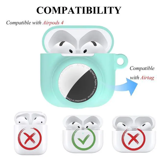 Alt view image 3 of 6 - 2 in 1 Silicone Case Compatible with AirPod 4 and Air Tracker Tag,Anti-Scratch Anti-Lost Protective Skin Cover for AirPods 4th Generation with 2 PCS TPU Screen Protector&Lanyard (Aqua Green)