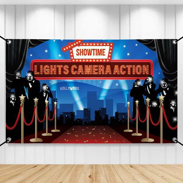 Main image of Large Lights Camera Action Backdrop - 72x44 Inch | Lights Camera Action Decorations | Hollywood Theme Party Decorations | Hollywood Backdrop for Oscar Party Decorations
