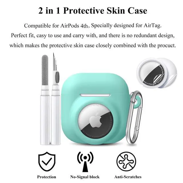 Alt view image 4 of 6 - 2 in 1 Silicone Case Compatible with AirPod 4 and Air Tracker Tag,Anti-Scratch Anti-Lost Protective Skin Cover for AirPods 4th Generation with 2 PCS TPU Screen Protector&Lanyard (Aqua Green)