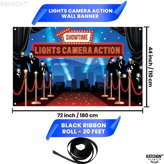 Alt view image 4 of 6 - Large Lights Camera Action Backdrop - 72x44 Inch | Lights Camera Action Decorations | Hollywood Theme Party Decorations | Hollywood Backdrop for Oscar Party Decorations