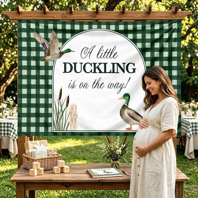 Alt view image 3 of 7 - A Little Duckling is on the Way Backdrop Mallard Duck Baby Shower Decor | A Little Duckling is on the Way Baby Shower Decorations 5x3ft Mallard Duck Backdrop Duck Hunting Baby Shower Party Supplies